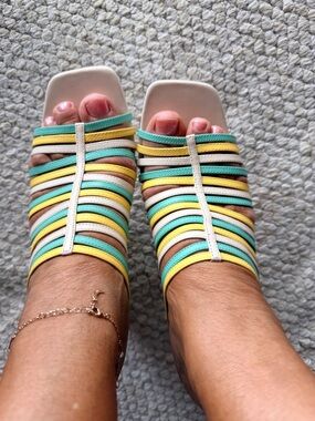 Women's Multi-Striped Slide Mules in Mint, Yellow & Cream - like new!